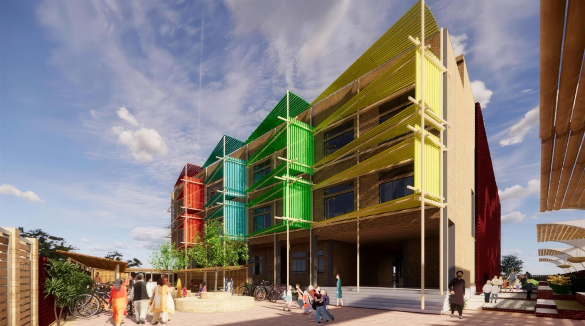 The same frame with Dwellers' design for Hamara School: red, cyan, green and yellow bamboo shade screens, trees, and people at the entrance.