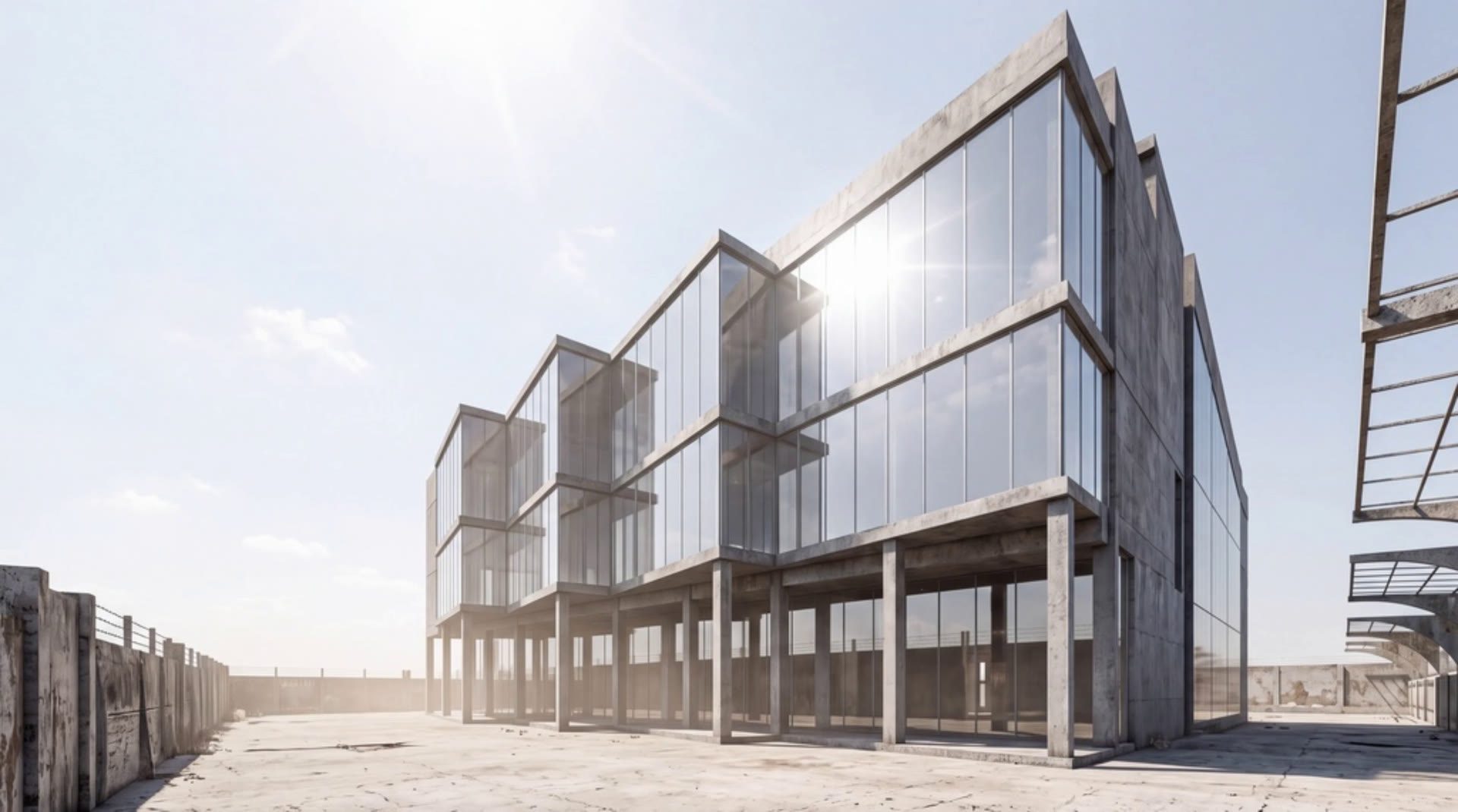 A sealed four-storey glass box on stilts, on a bare concrete plot in harsh midday light.